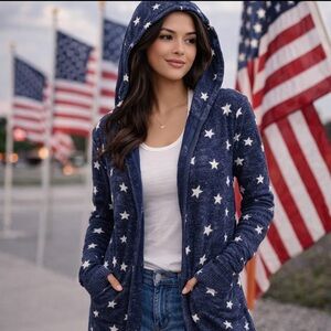 LUCKY BRAND STAR HOODIE CARDIGAN LARGE NAVY HEATHERED OPEN FRONT SWEATER USA